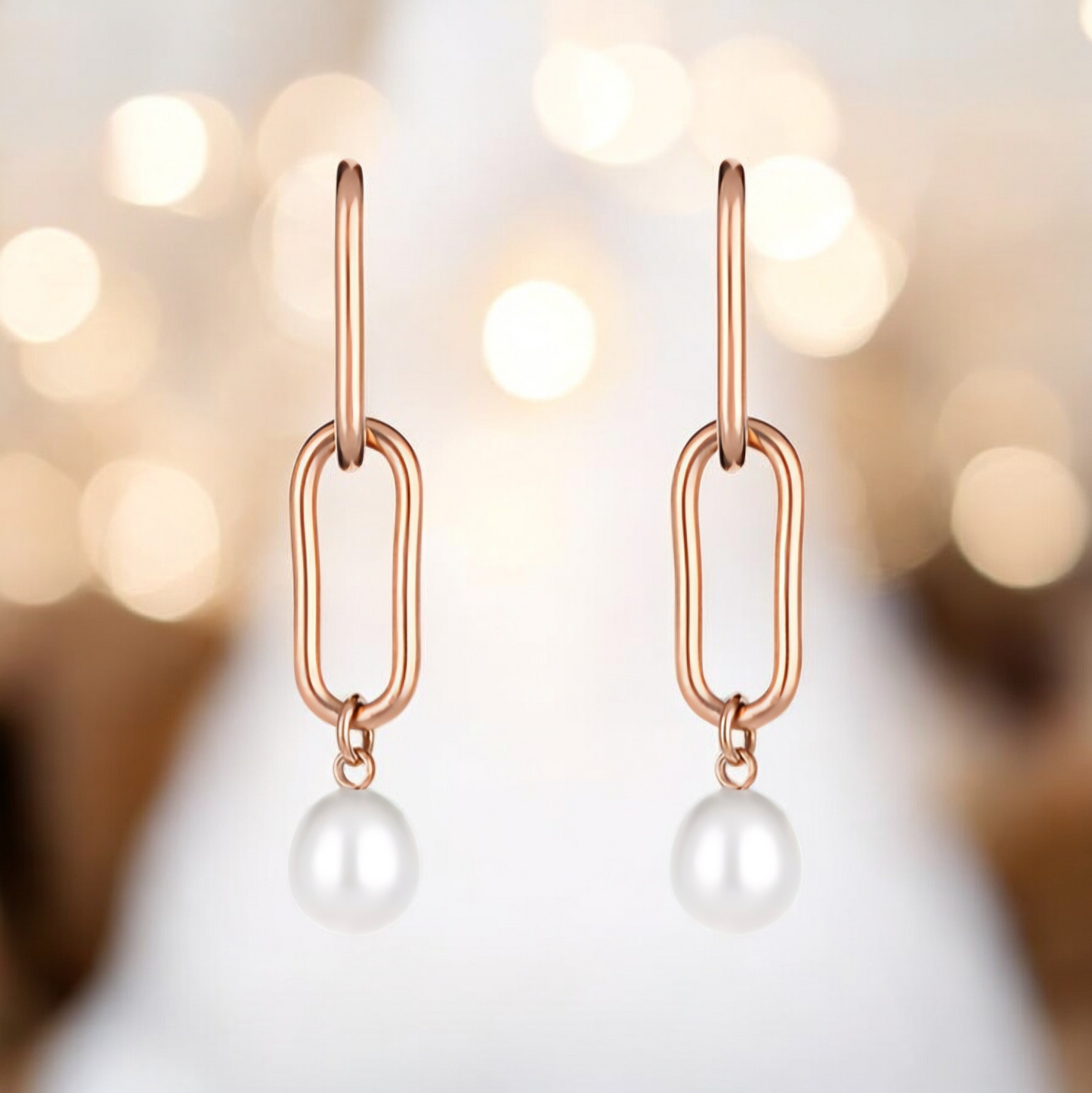 Cercei Rose Gold, Model Lungi cu Perle, Oțel Inoxidabil