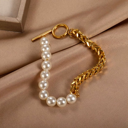 Brățară Freelook, Design Dual cu Zale Masive și Perle Sidefate