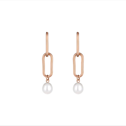 Cercei Rose Gold, Model Lungi cu Perle, Oțel Inoxidabil