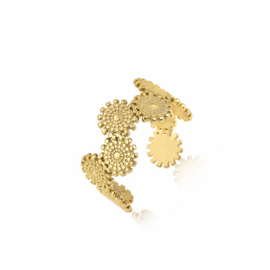 Inel Damă din Oțel Inoxidabil, cu Motive Solare și Finisaj Auriu Mat