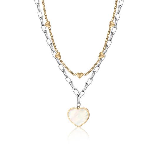 Colier Damă din Oțel Inoxidabil, Design Stratificat cu Inimi și Sidef Natural